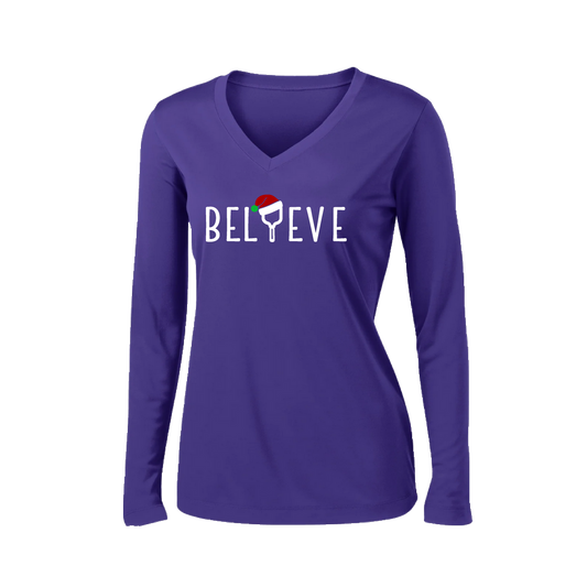 Believe | Women’s Long Sleeve V-Neck Shirt | 100% Polyester