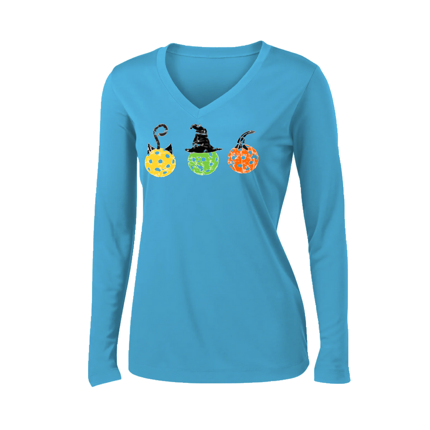 Cat Witch Pumpkin  | Women’s Long Sleeve V-Neck Shirt | 100% Polyester