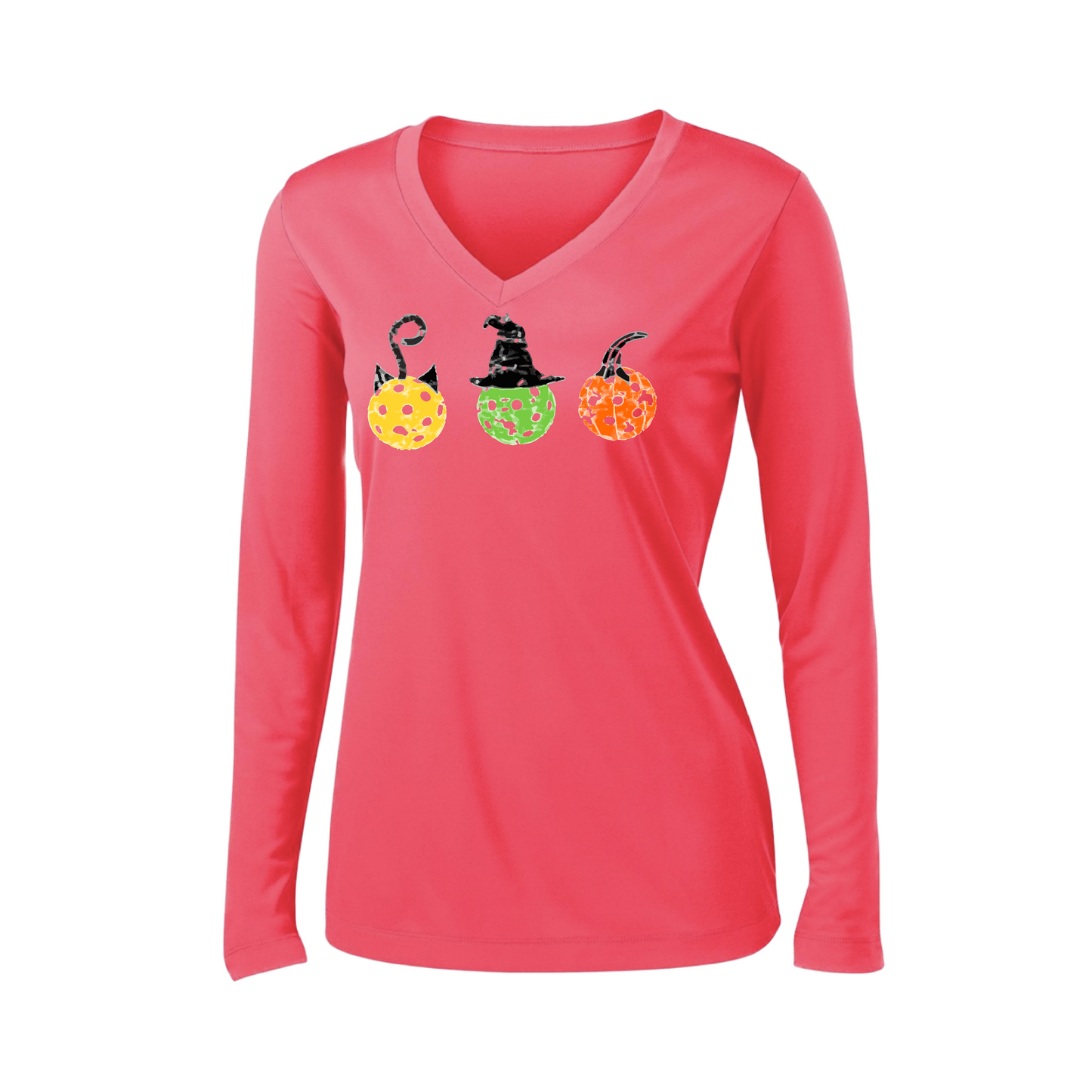 Cat Witch Pumpkin  | Women’s Long Sleeve V-Neck Shirt | 100% Polyester