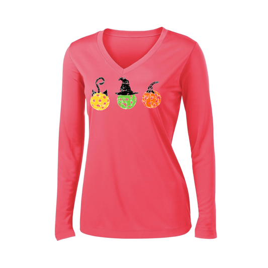 Cat Witch Pumpkin  | Women’s Long Sleeve V-Neck Shirt | 100% Polyester