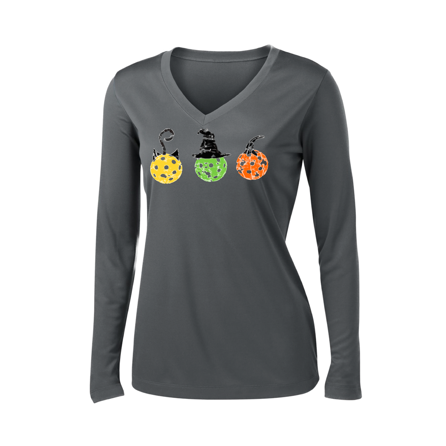 Cat Witch Pumpkin  | Women’s Long Sleeve V-Neck Shirt | 100% Polyester