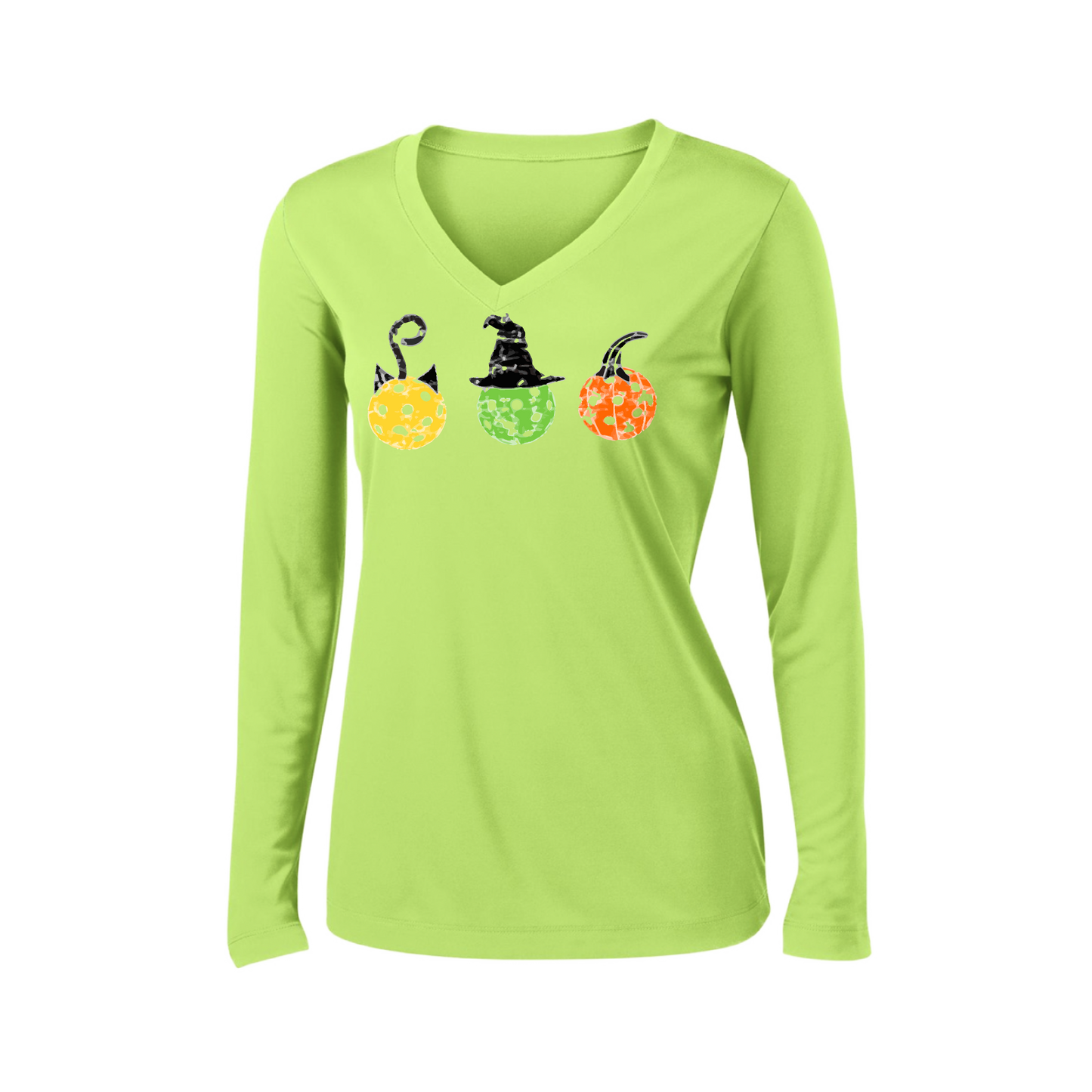 Cat Witch Pumpkin  | Women’s Long Sleeve V-Neck Shirt | 100% Polyester