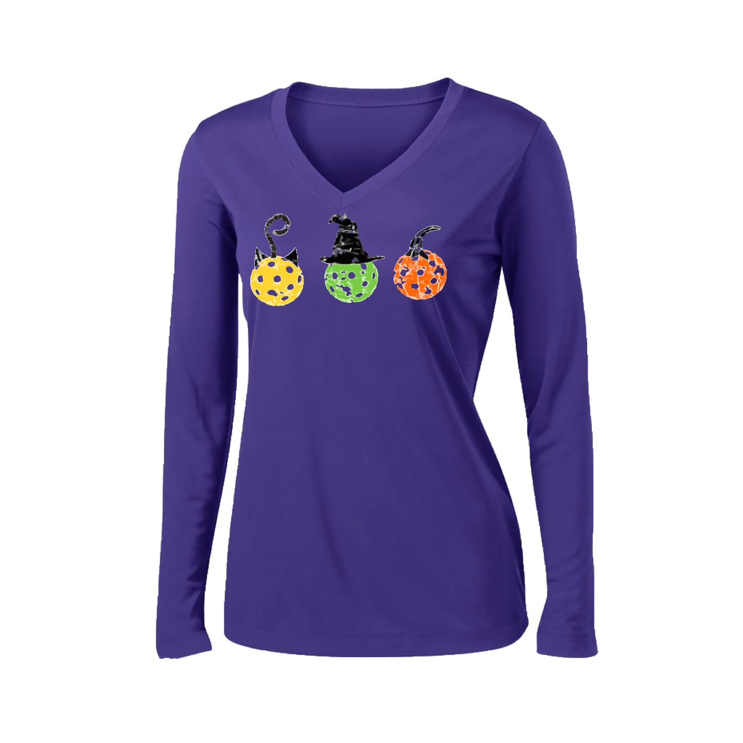 Cat Witch Pumpkin  | Women’s Long Sleeve V-Neck Shirt | 100% Polyester