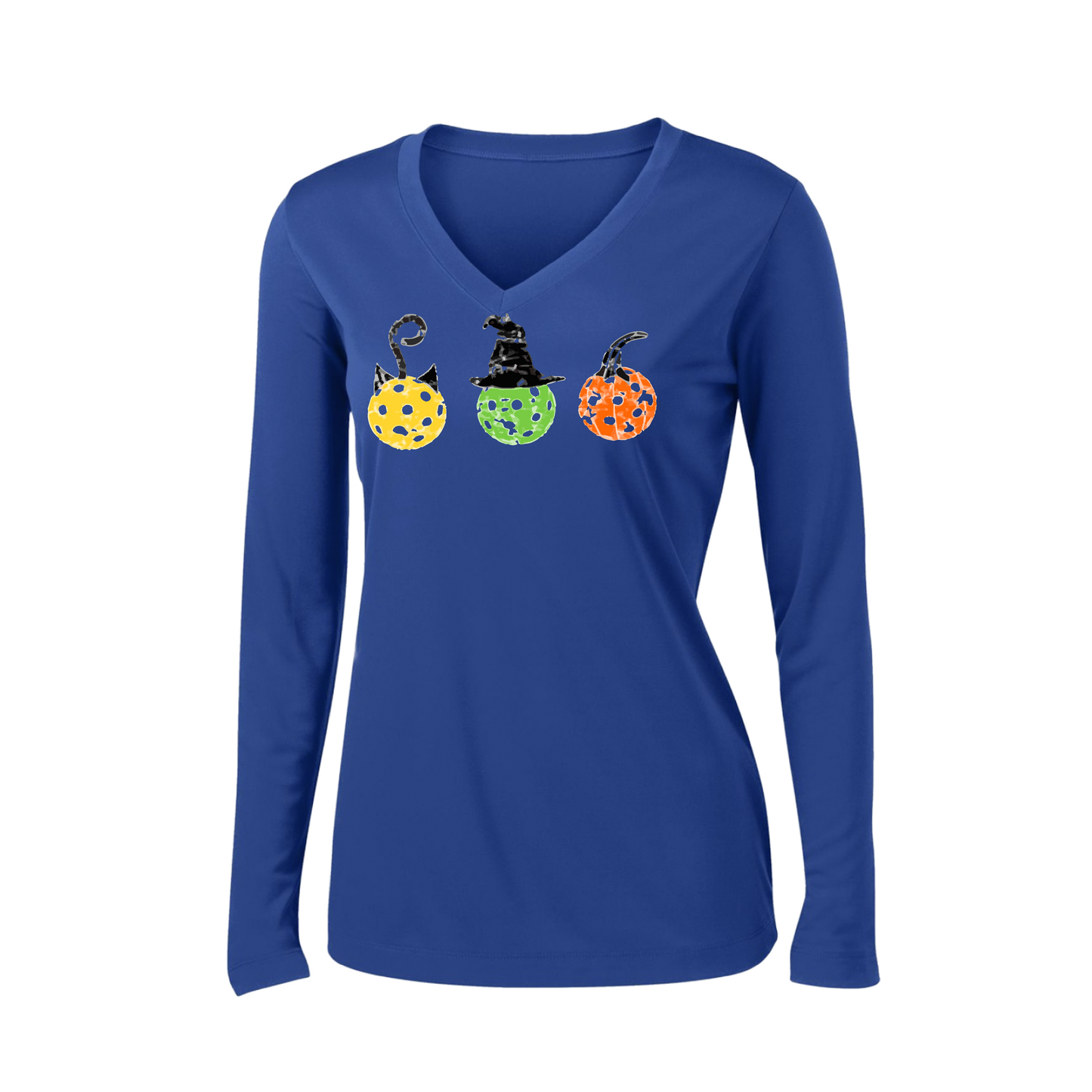 Cat Witch Pumpkin  | Women’s Long Sleeve V-Neck Shirt | 100% Polyester