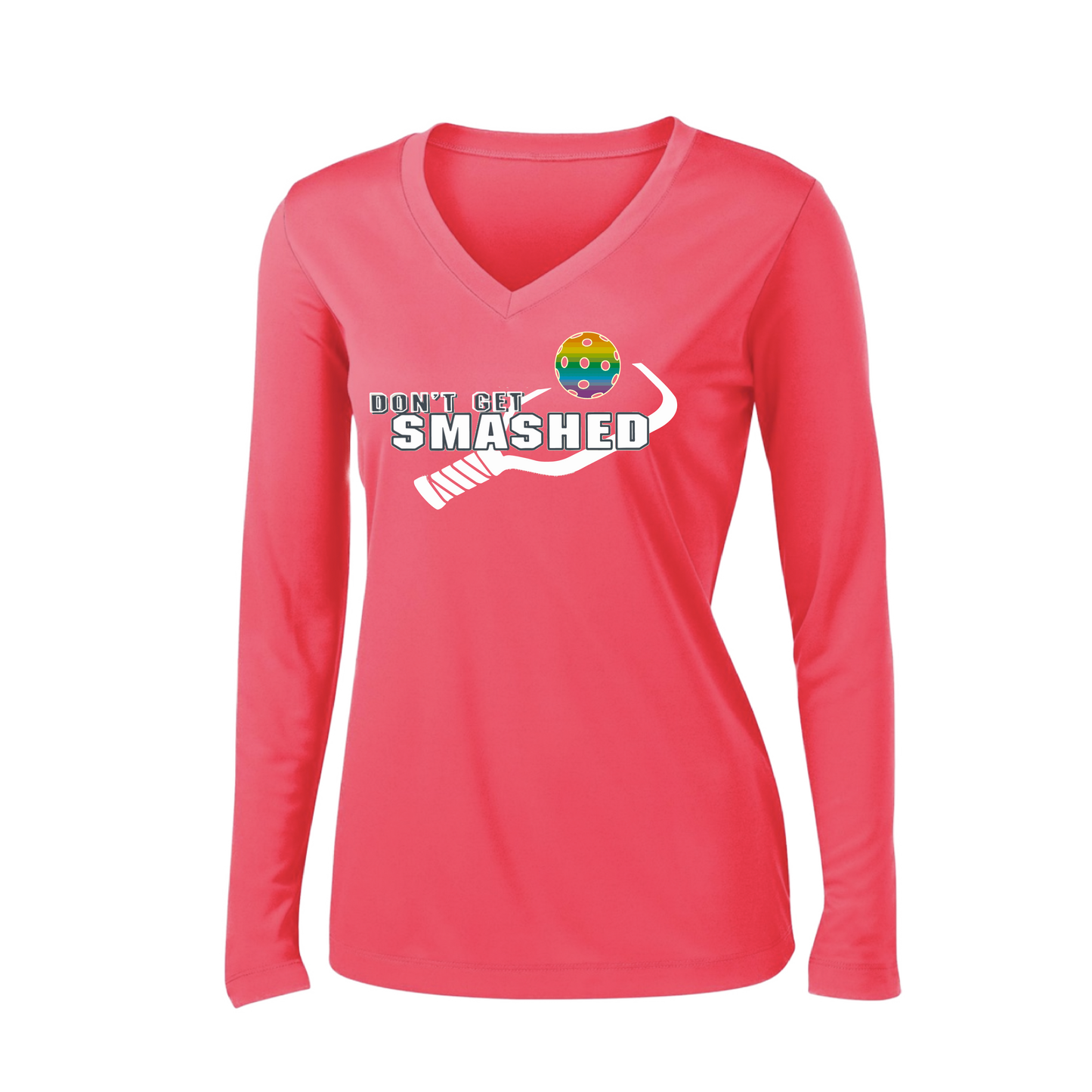 Don't Get Smashed Customizable (Colors Red Rainbow Green) | Women's Long Sleeve V-Neck Pickleball Shirts | 100% Polyester