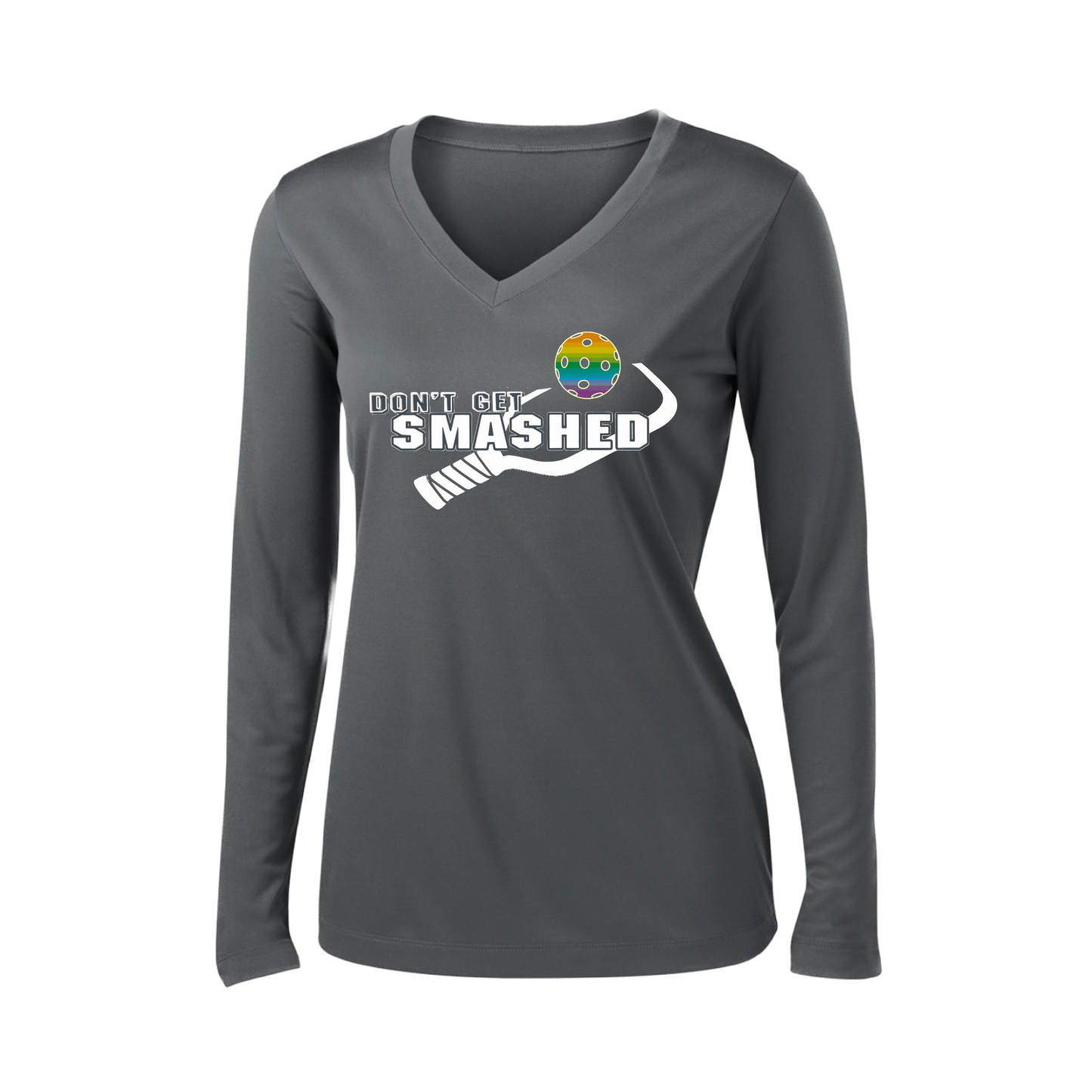 Don't Get Smashed Customizable (Colors Red Rainbow Green) | Women's Long Sleeve V-Neck Pickleball Shirts | 100% Polyester