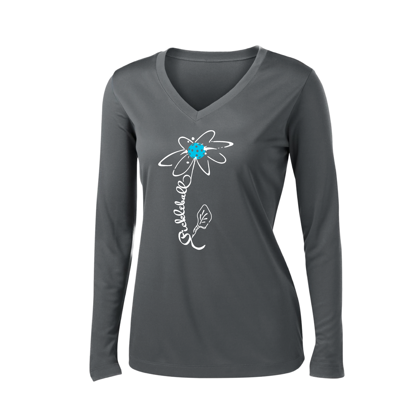 Pickleball Flower (Cyan Green Orange) | Women’s Long Sleeve V-Neck Pickleball Shirt | 100% Polyester