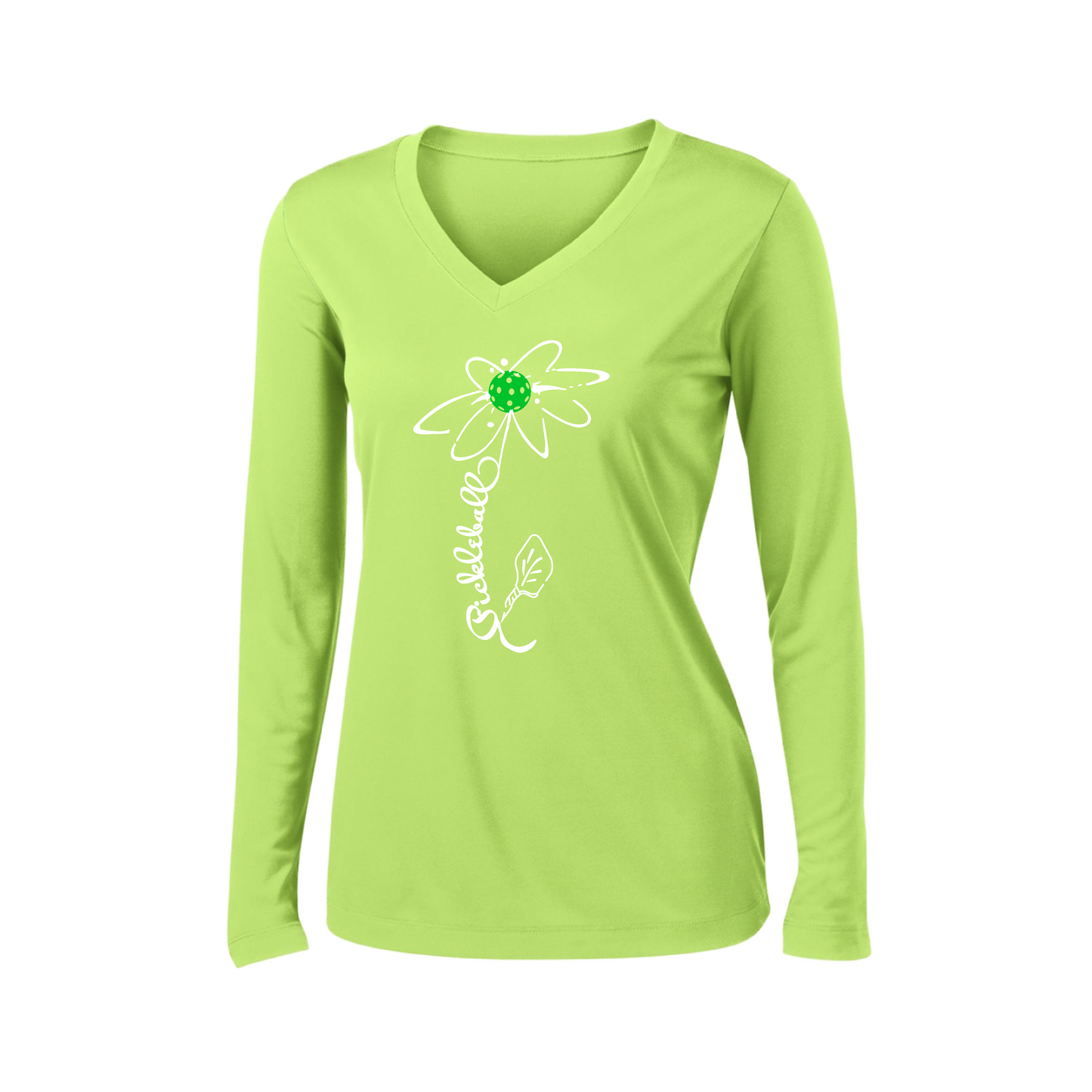 Pickleball Flower (Cyan Green Orange) | Women’s Long Sleeve V-Neck Pickleball Shirt | 100% Polyester