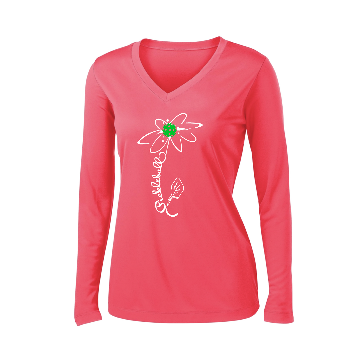 Pickleball Flower (Cyan Green Orange) | Women’s Long Sleeve V-Neck Pickleball Shirt | 100% Polyester