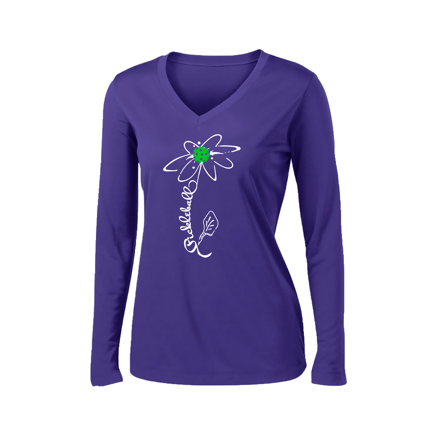 Pickleball Flower (Cyan Green Orange) | Women’s Long Sleeve V-Neck Pickleball Shirt | 100% Polyester