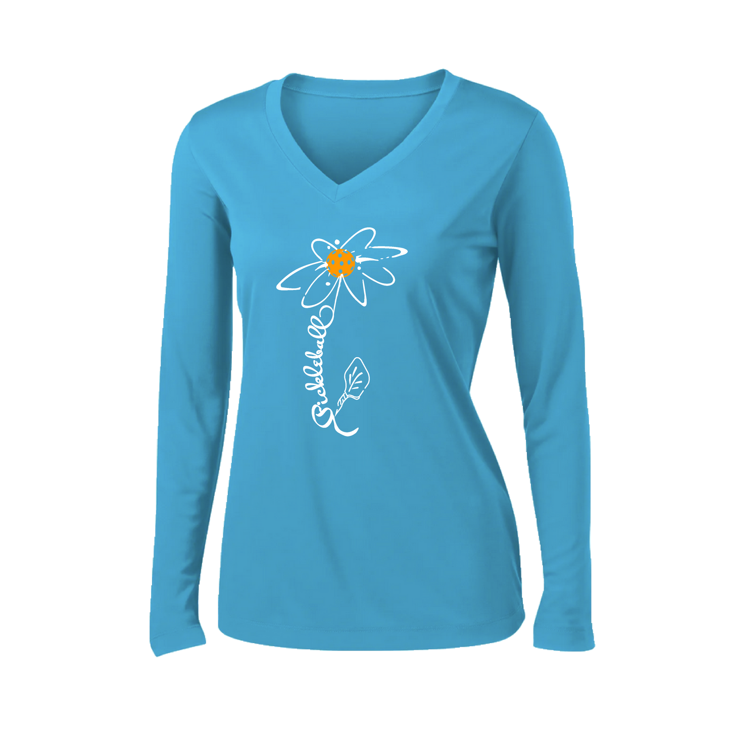 Pickleball Flower (Cyan Green Orange) | Women’s Long Sleeve V-Neck Pickleball Shirt | 100% Polyester