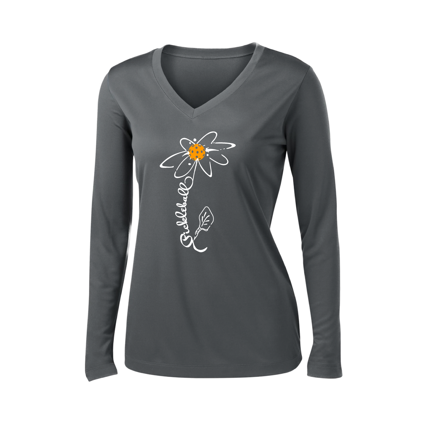 Pickleball Flower (Cyan Green Orange) | Women’s Long Sleeve V-Neck Pickleball Shirt | 100% Polyester