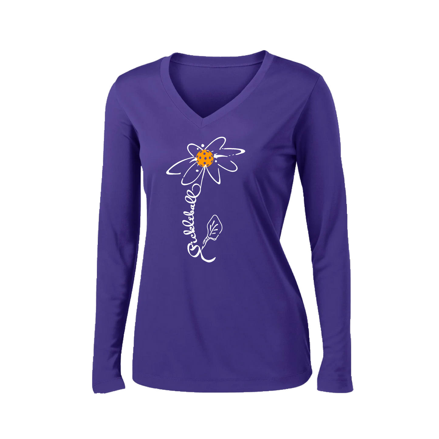 Pickleball Flower (Cyan Green Orange) | Women’s Long Sleeve V-Neck Pickleball Shirt | 100% Polyester