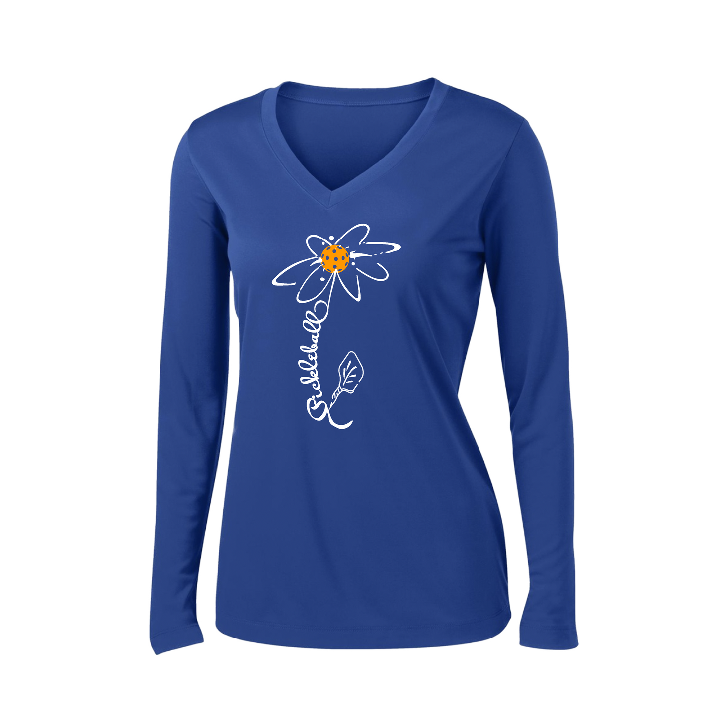 Pickleball Flower (Cyan Green Orange) | Women’s Long Sleeve V-Neck Pickleball Shirt | 100% Polyester