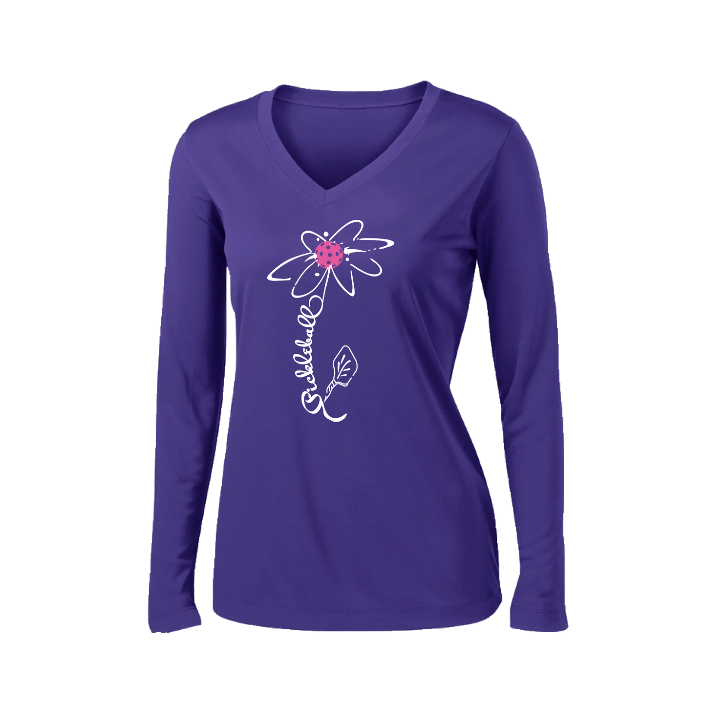 Pickleball Flower (Pink Purple Rainbow) | Women’s Long Sleeve V-Neck Pickleball Shirt | 100% Polyester