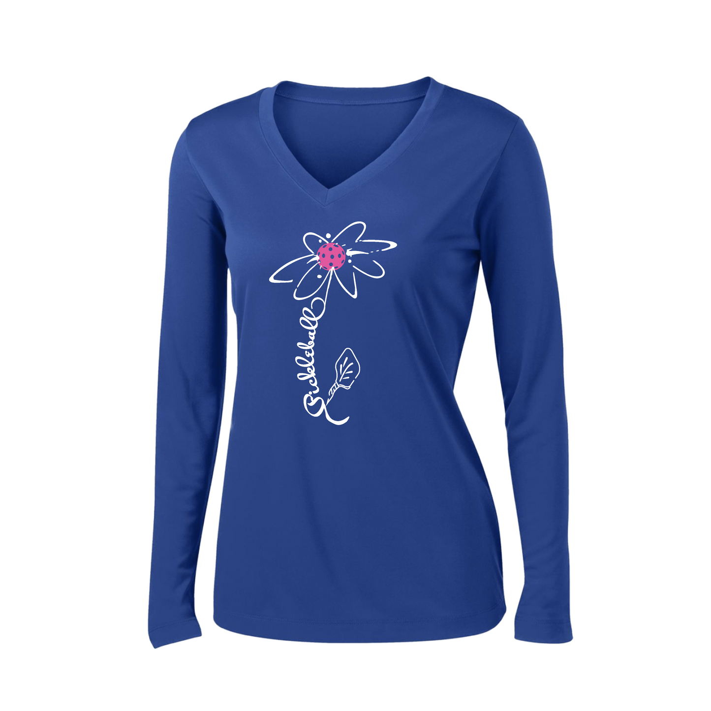 Pickleball Flower (Pink Purple Rainbow) | Women’s Long Sleeve V-Neck Pickleball Shirt | 100% Polyester