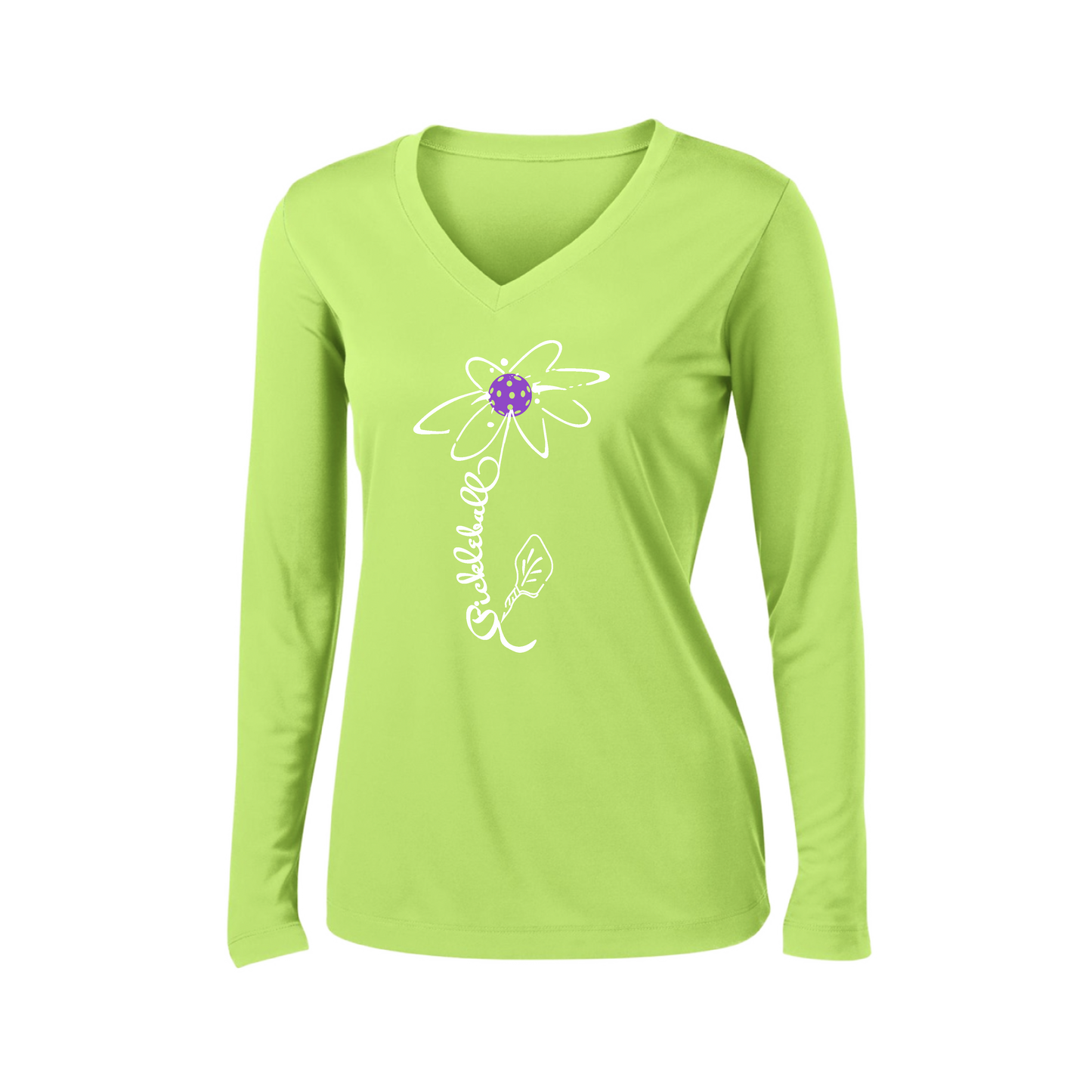 Pickleball Flower (Pink Purple Rainbow) | Women’s Long Sleeve V-Neck Pickleball Shirt | 100% Polyester