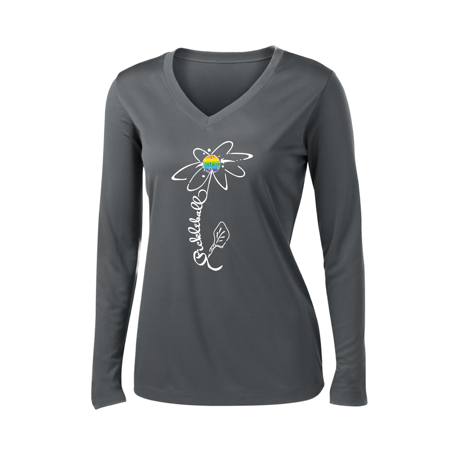 Pickleball Flower (Pink Purple Rainbow) | Women’s Long Sleeve V-Neck Pickleball Shirt | 100% Polyester