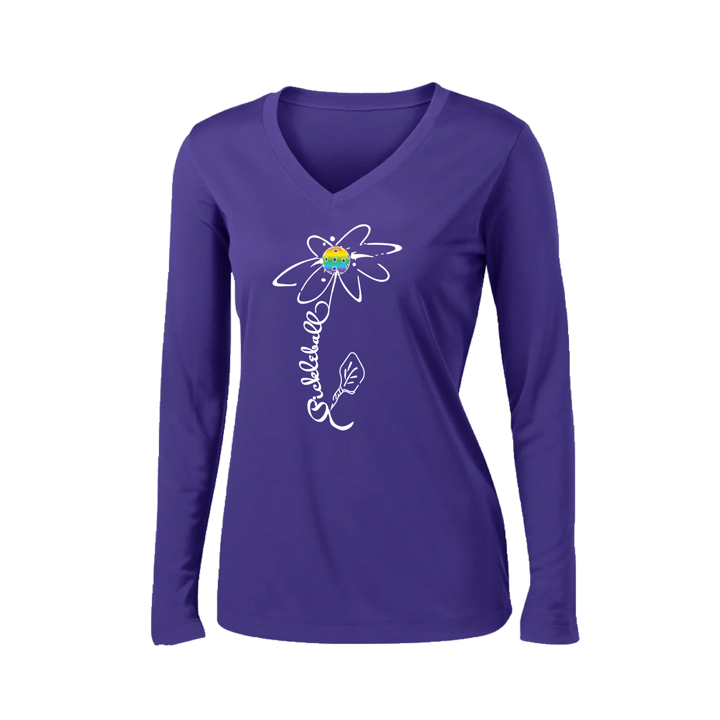 Pickleball Flower (Pink Purple Rainbow) | Women’s Long Sleeve V-Neck Pickleball Shirt | 100% Polyester