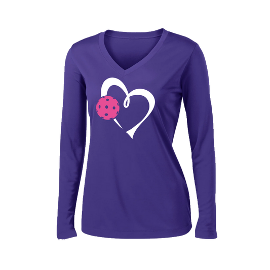 Love Pickleball (Pink) | Women's Long Sleeve V-Neck Pickleball Shirts | 100% Polyester