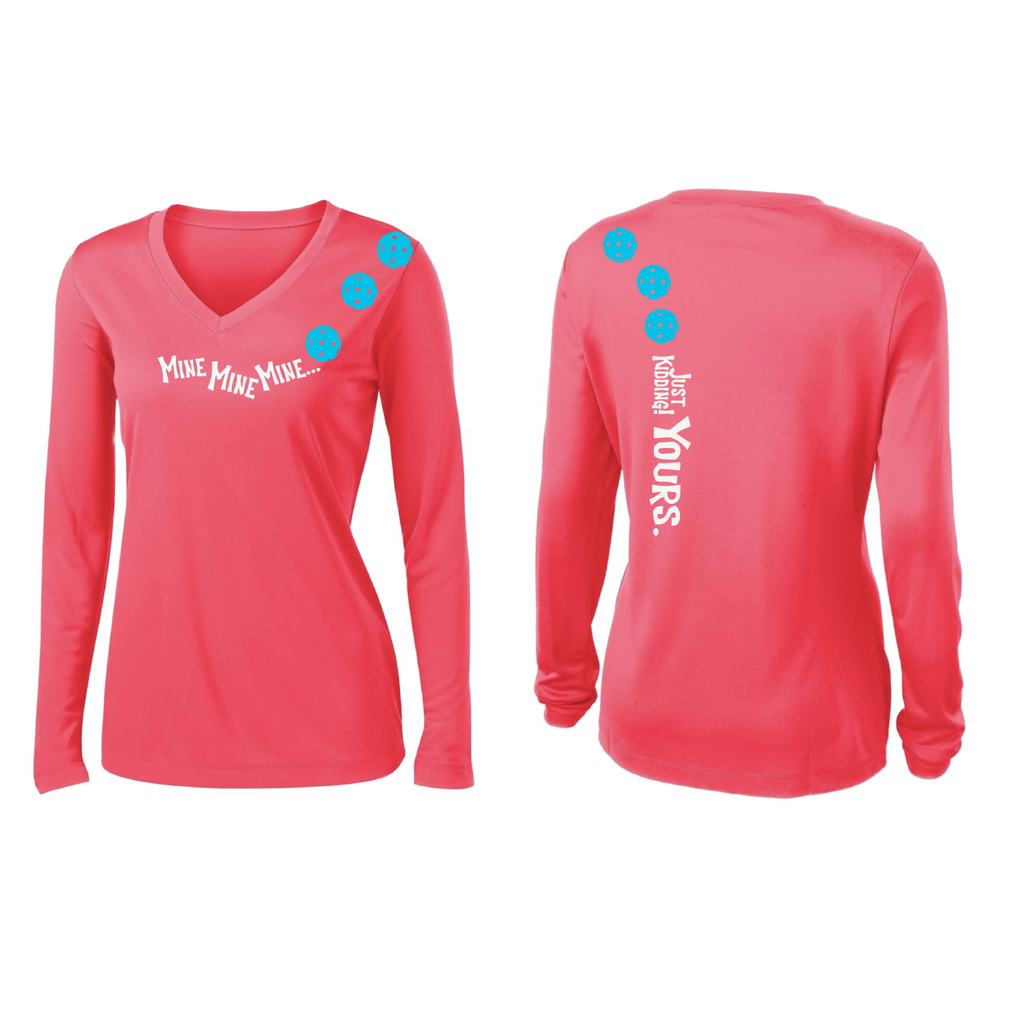 Mine JK Yours (Pickleballs Cyan Green Orange) | Women’s Long Sleeve V-Neck Pickleball Shirt | 100% Polyester