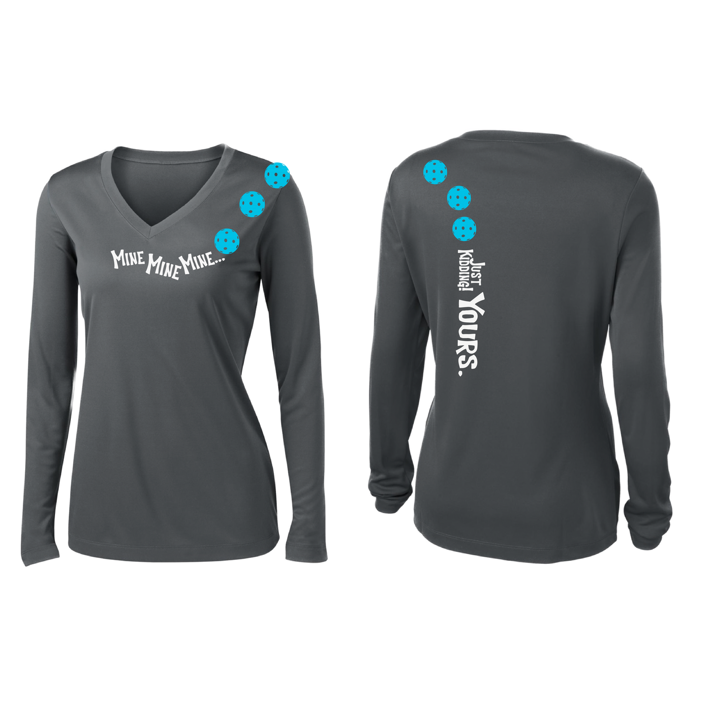 Mine JK Yours (Pickleballs Cyan Green Orange) | Women’s Long Sleeve V-Neck Pickleball Shirt | 100% Polyester