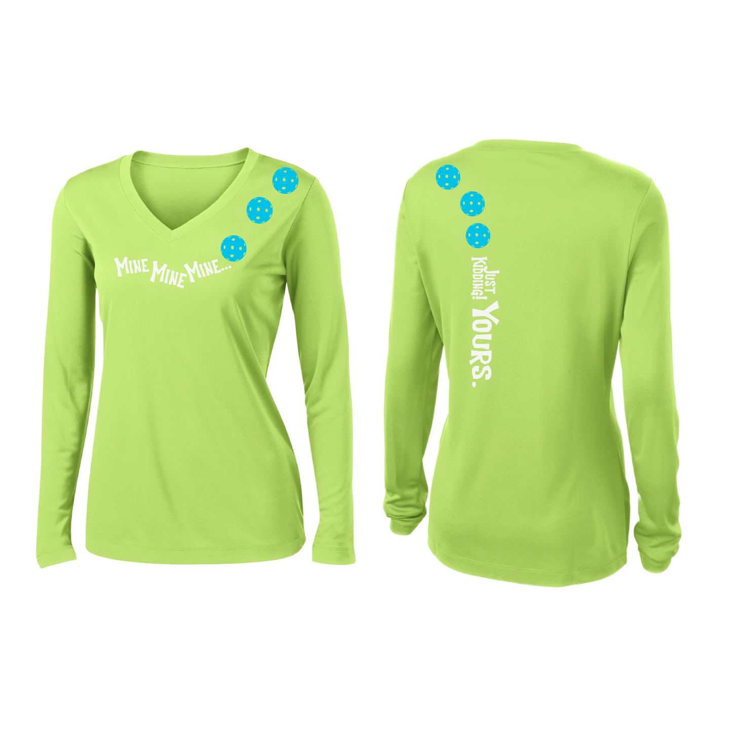 Mine JK Yours (Pickleballs Cyan Green Orange) | Women’s Long Sleeve V-Neck Pickleball Shirt | 100% Polyester