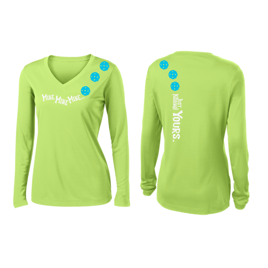 Mine JK Yours (Pickleballs Cyan Green Orange) | Women’s Long Sleeve V-Neck Pickleball Shirt | 100% Polyester