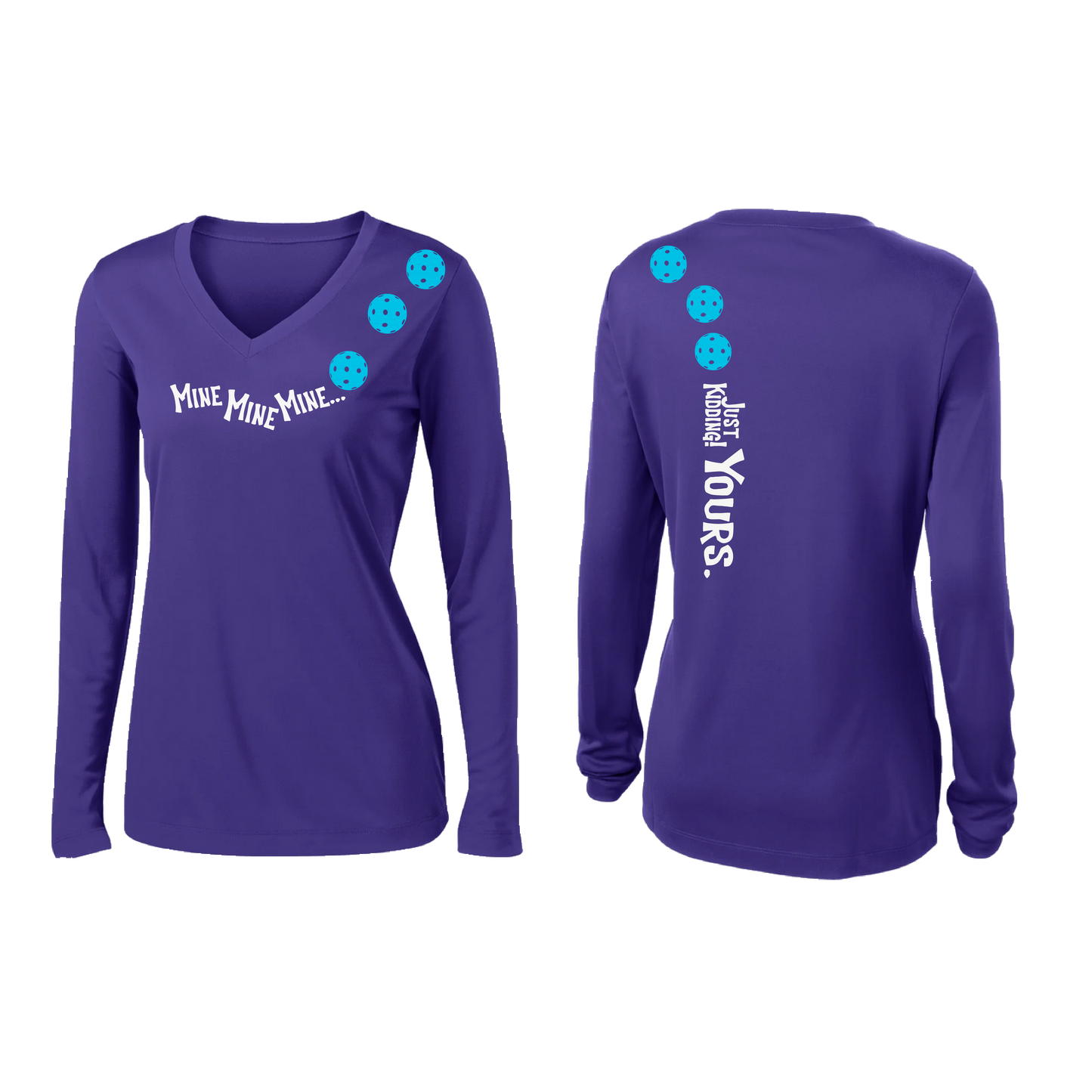 Mine JK Yours (Pickleballs Cyan Green Orange) | Women’s Long Sleeve V-Neck Pickleball Shirt | 100% Polyester