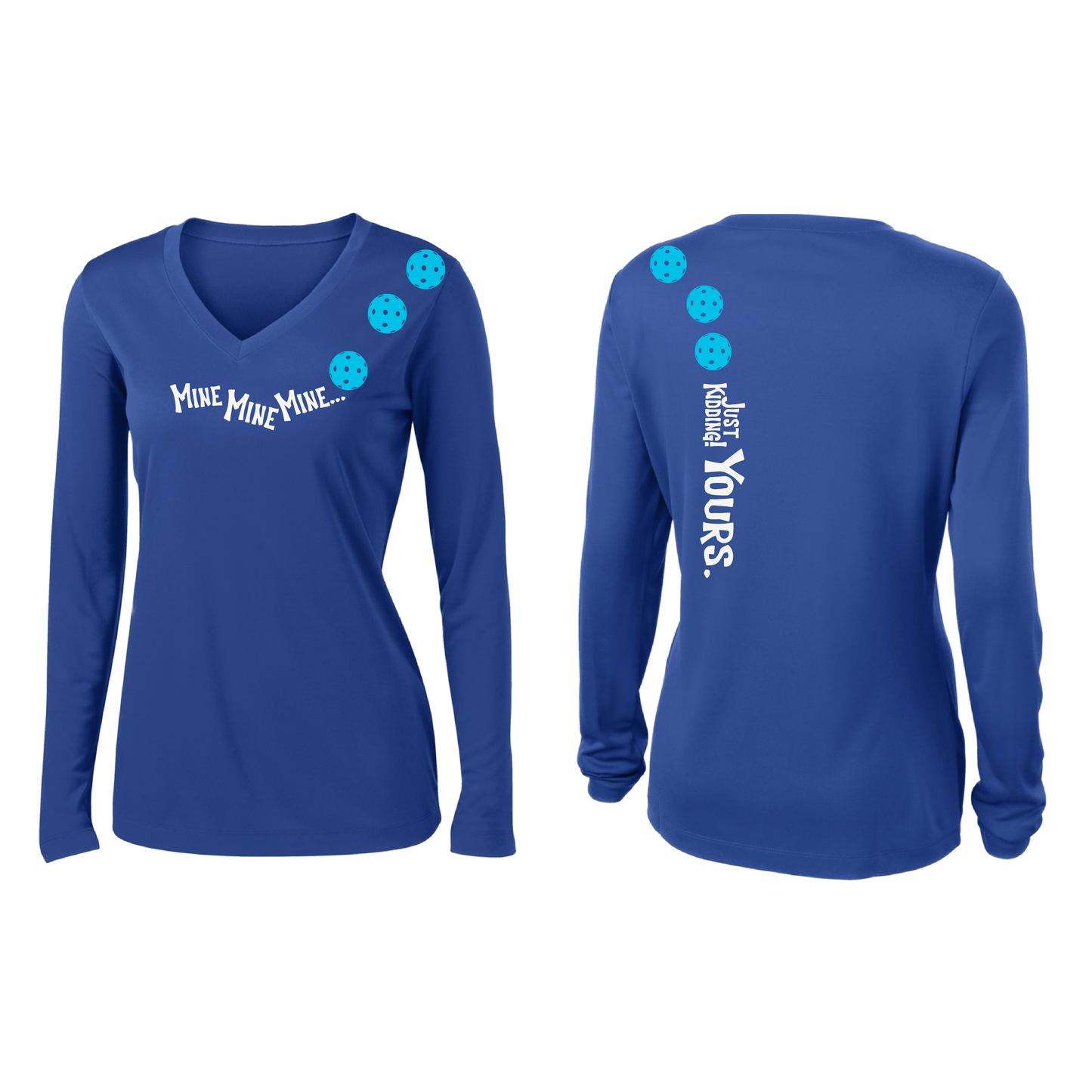 Mine JK Yours (Pickleballs Cyan Green Orange) | Women’s Long Sleeve V-Neck Pickleball Shirt | 100% Polyester