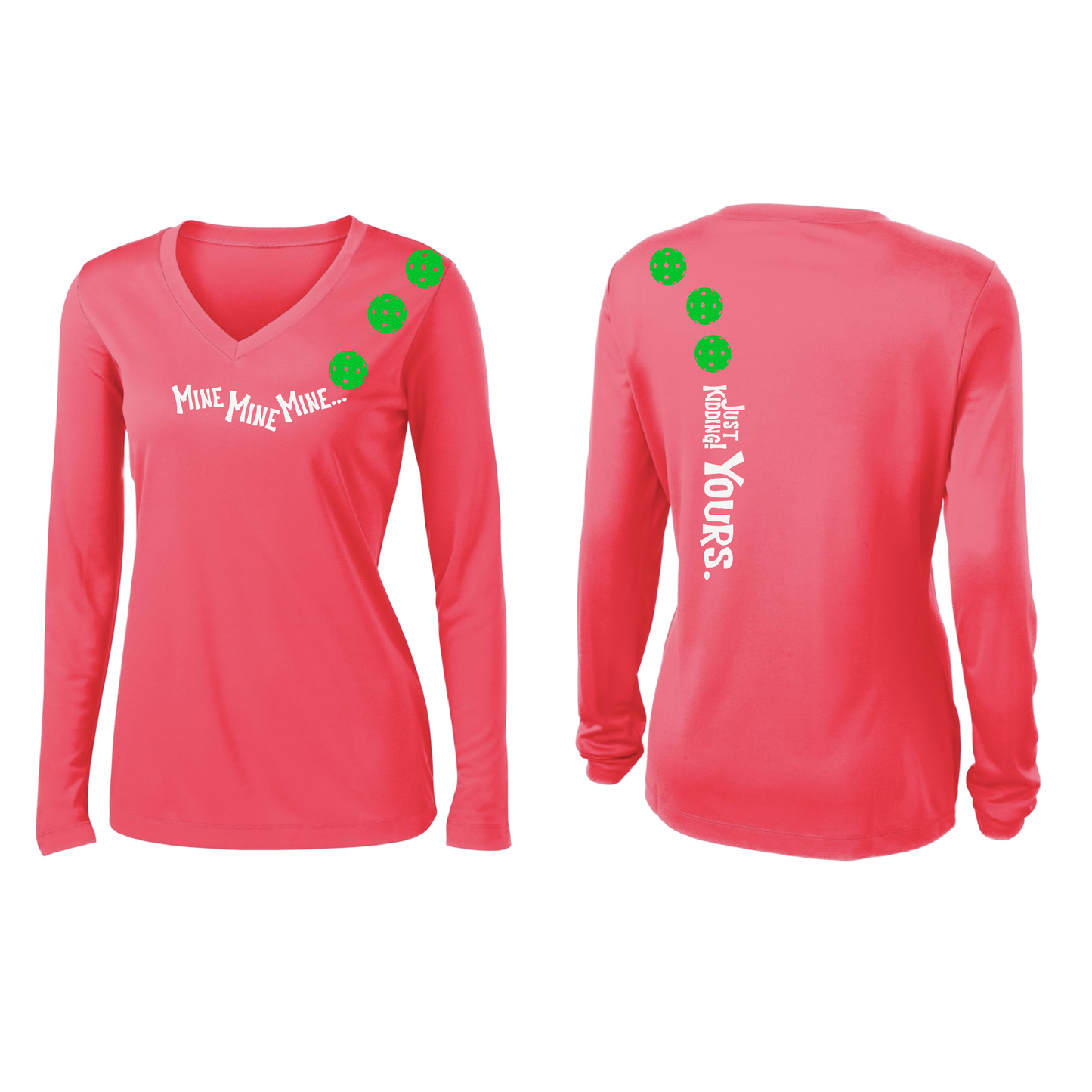 Mine JK Yours (Pickleballs Cyan Green Orange) | Women’s Long Sleeve V-Neck Pickleball Shirt | 100% Polyester