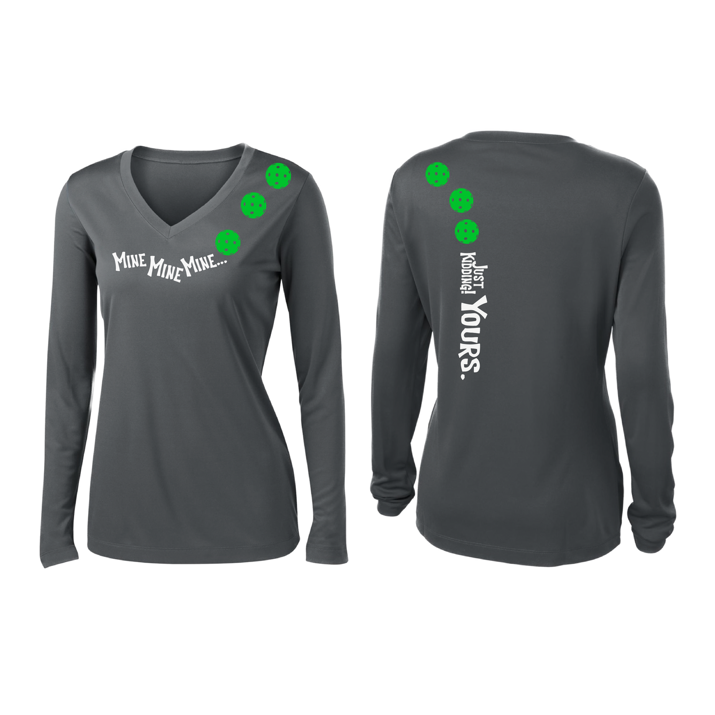 Mine JK Yours (Pickleballs Cyan Green Orange) | Women’s Long Sleeve V-Neck Pickleball Shirt | 100% Polyester