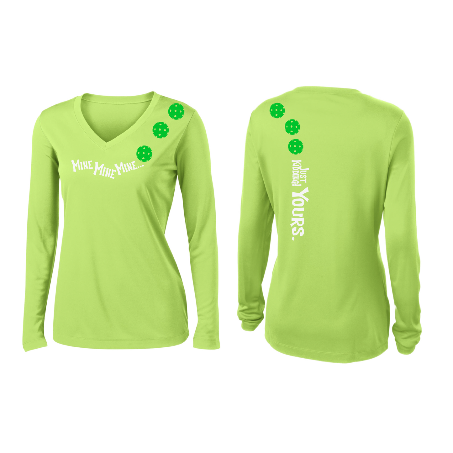 Mine JK Yours (Pickleballs Cyan Green Orange) | Women’s Long Sleeve V-Neck Pickleball Shirt | 100% Polyester