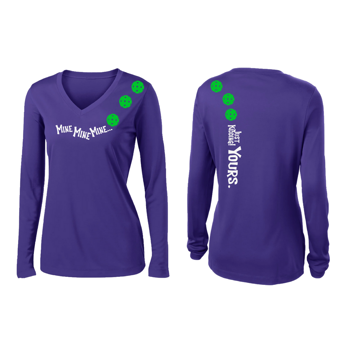 Mine JK Yours (Pickleballs Cyan Green Orange) | Women’s Long Sleeve V-Neck Pickleball Shirt | 100% Polyester