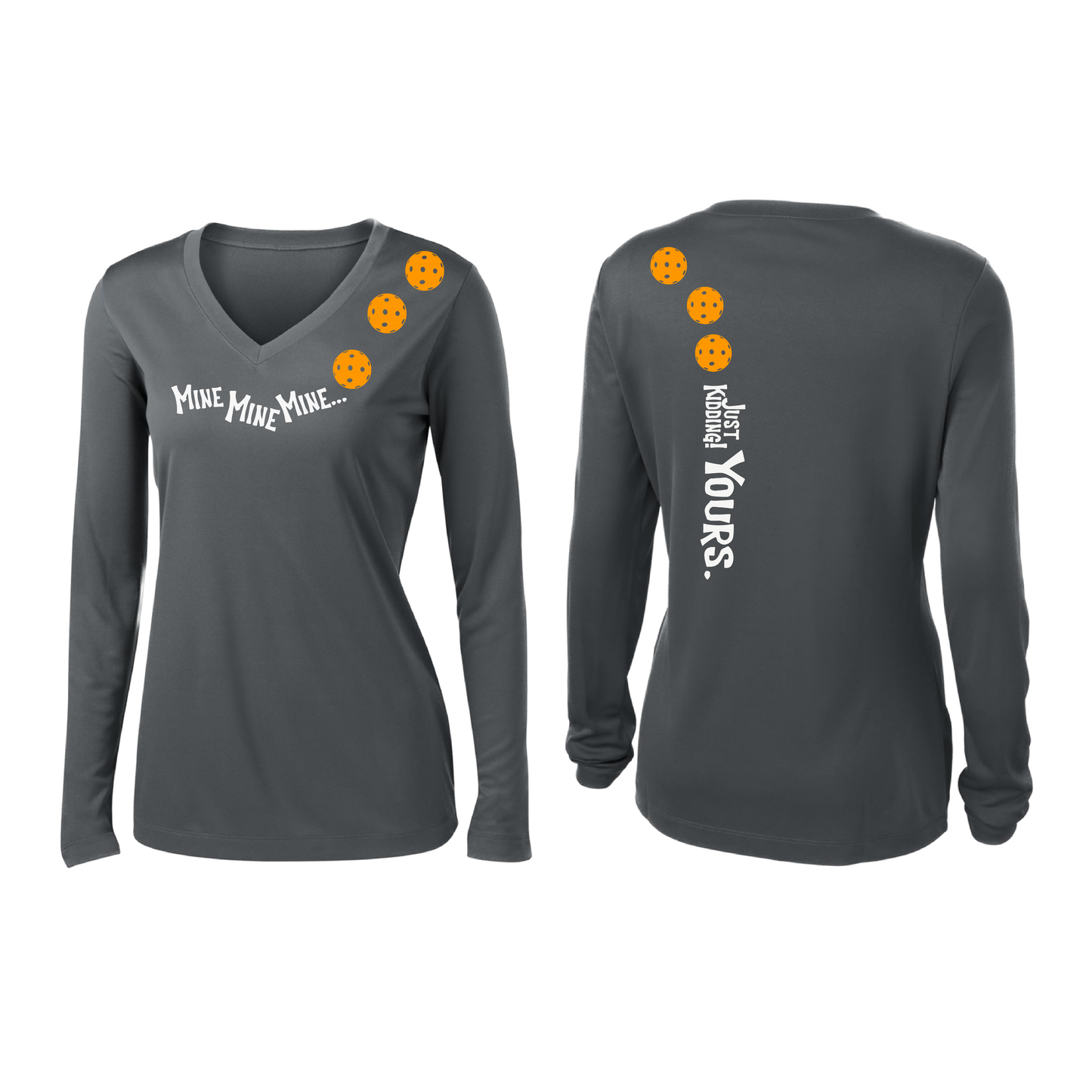 Mine JK Yours (Pickleballs Cyan Green Orange) | Women’s Long Sleeve V-Neck Pickleball Shirt | 100% Polyester