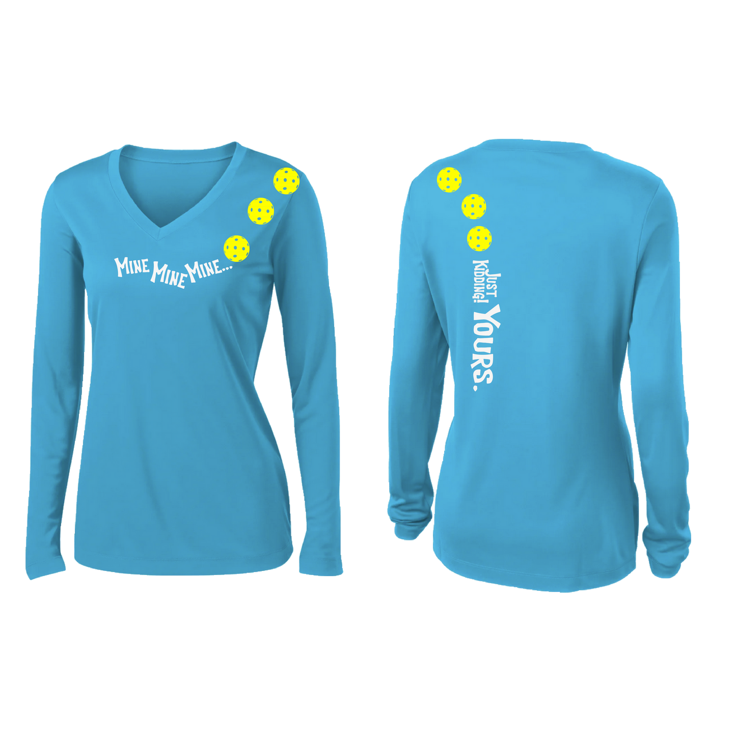 Mine JK Yours (Pickleballs Red White Yellow) | Women’s Long Sleeve V-Neck Pickleball Shirt | 100% Polyester