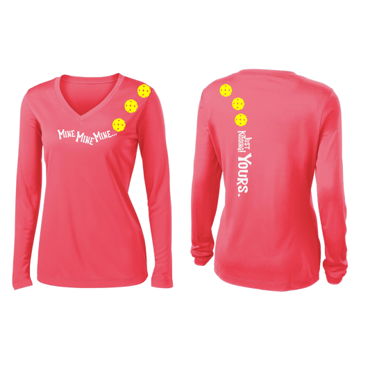 Mine JK Yours (Pickleballs Red White Yellow) | Women’s Long Sleeve V-Neck Pickleball Shirt | 100% Polyester