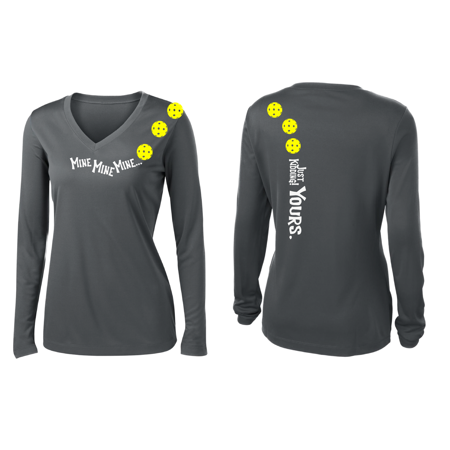 Mine JK Yours (Pickleballs Red White Yellow) | Women’s Long Sleeve V-Neck Pickleball Shirt | 100% Polyester