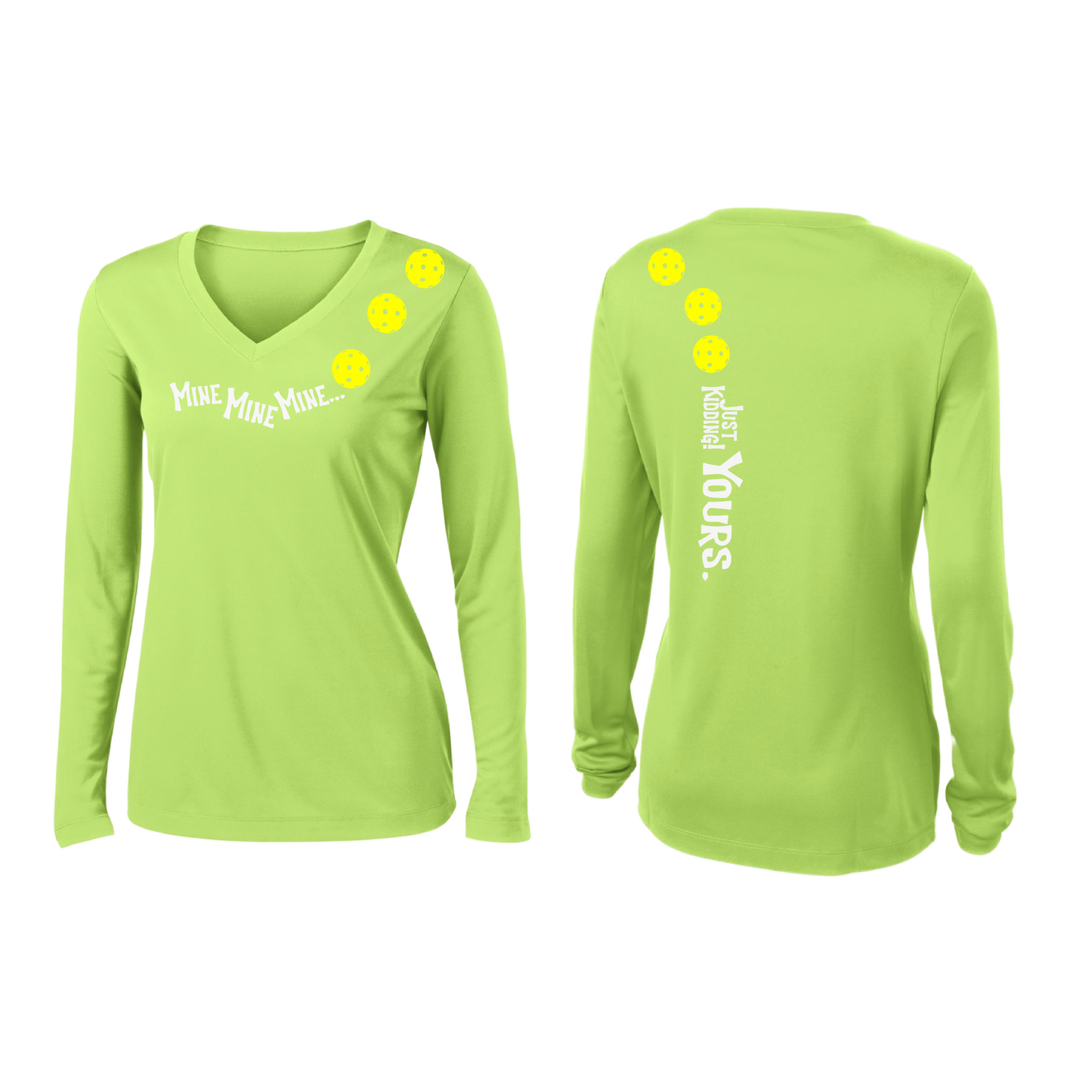 Mine JK Yours (Pickleballs Red White Yellow) | Women’s Long Sleeve V-Neck Pickleball Shirt | 100% Polyester