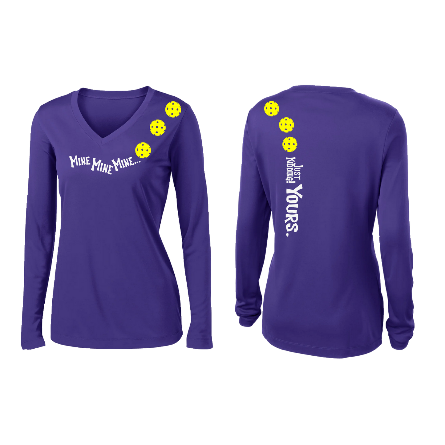 Mine JK Yours (Pickleballs Red White Yellow) | Women’s Long Sleeve V-Neck Pickleball Shirt | 100% Polyester