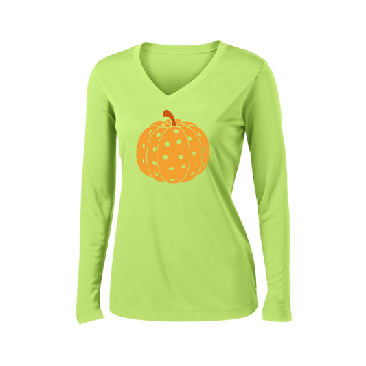 Pumpkin Pickleball | Women’s Long Sleeve V-Neck Shirt | 100% Polyester