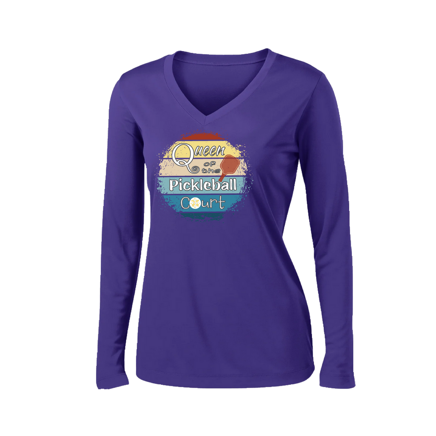 Queen of the Pickleball Court | Women’s Long Sleeve V-Neck Pickleball Shirt | 100% Polyester