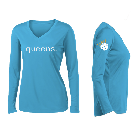 Be the Queen of Pickleball with this unique and stylish long sleeve V-neck. Get all the comfort of a luxe tri-blend fabric and all the practicality of moisture-wicking and color-locking technology. Lightweight and breathable for maximum performance! This pickleball shirt is designed to last. The fabric resists shrinkage, fading, and pilling, so you can wear it again and again. You'll look great and play your best in this stylish and comfortable pickleball shirt.