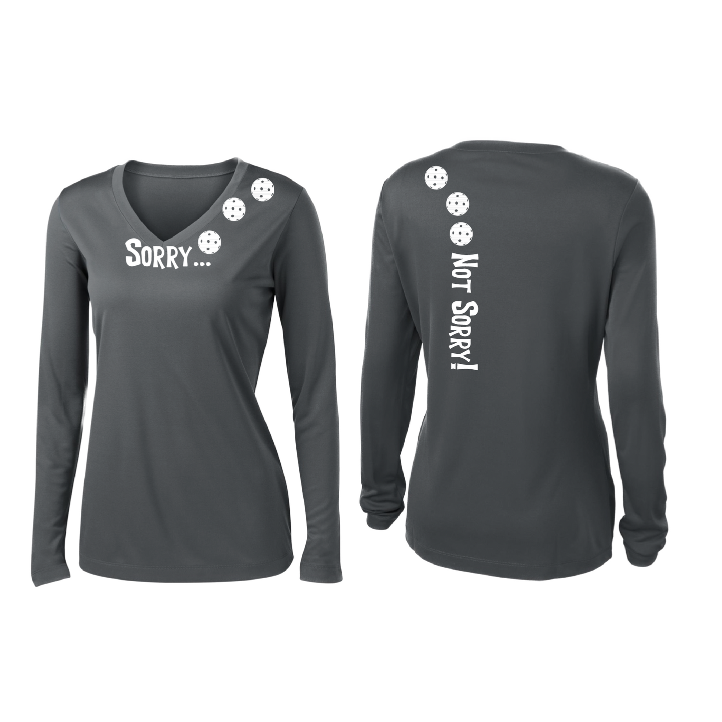 Sorry Not Sorry (Pickleballs Red White Yellow) | Women’s Long Sleeve V-Neck Pickleball Shirt | 100% Polyester