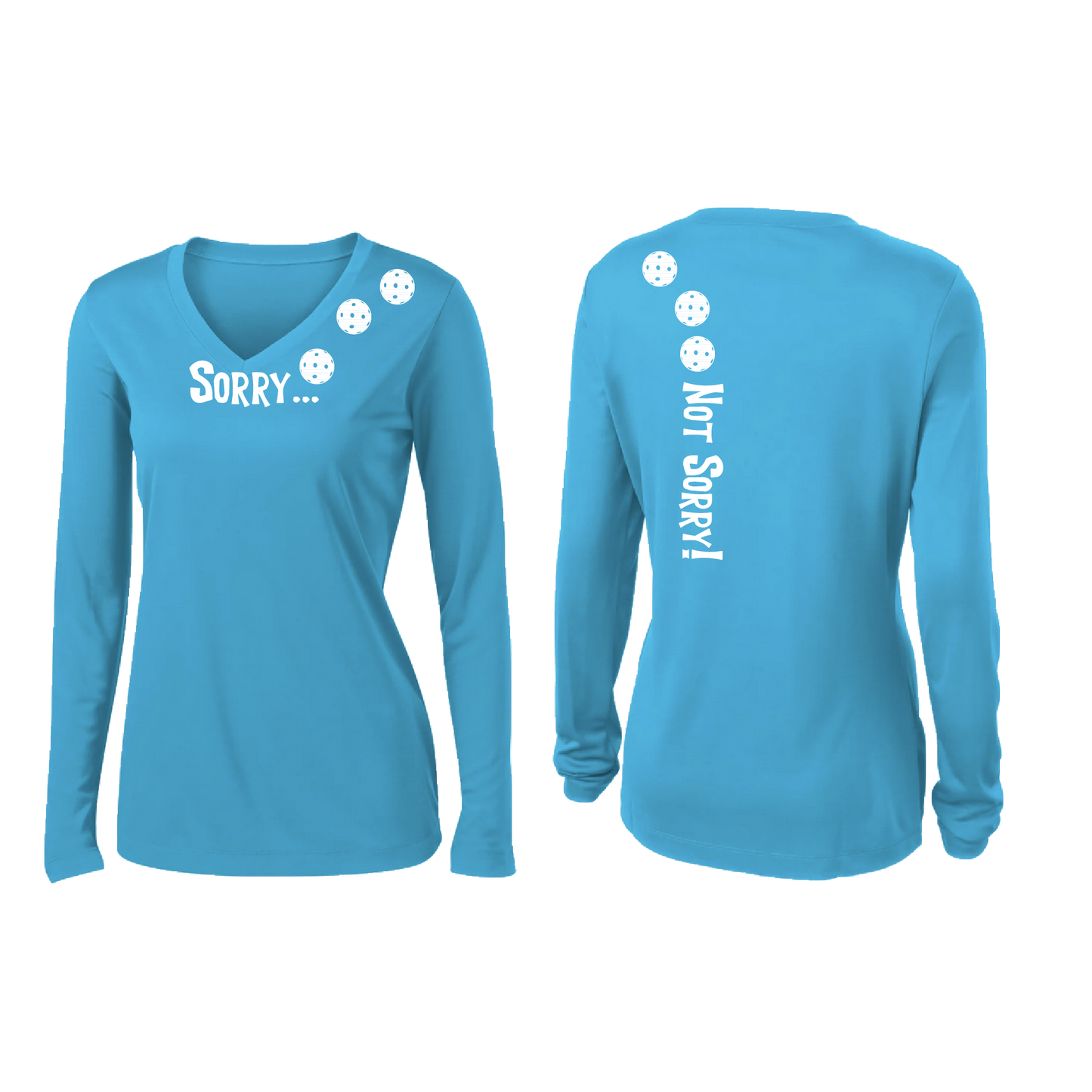 Sorry Not Sorry (Pickleballs Red White Yellow) | Women’s Long Sleeve V-Neck Pickleball Shirt | 100% Polyester