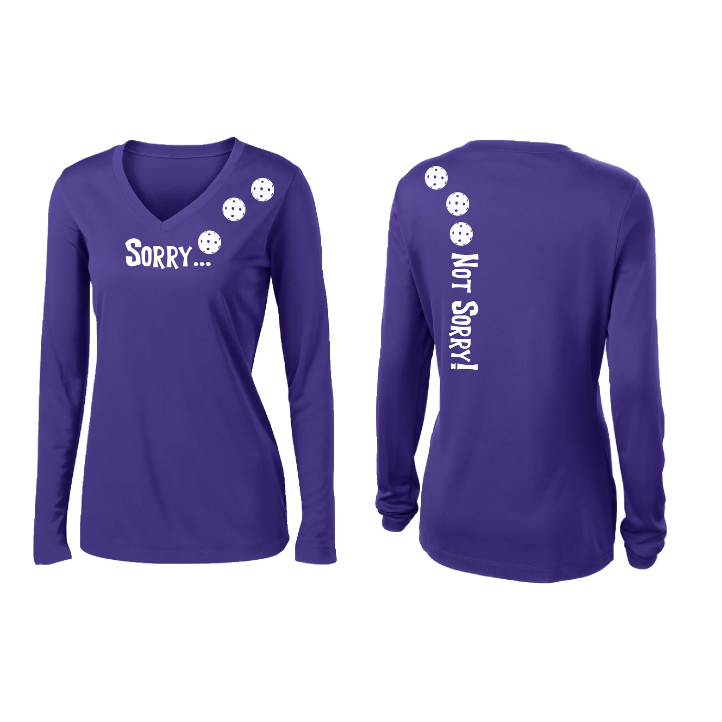 Sorry Not Sorry (Pickleballs Red White Yellow) | Women’s Long Sleeve V-Neck Pickleball Shirt | 100% Polyester