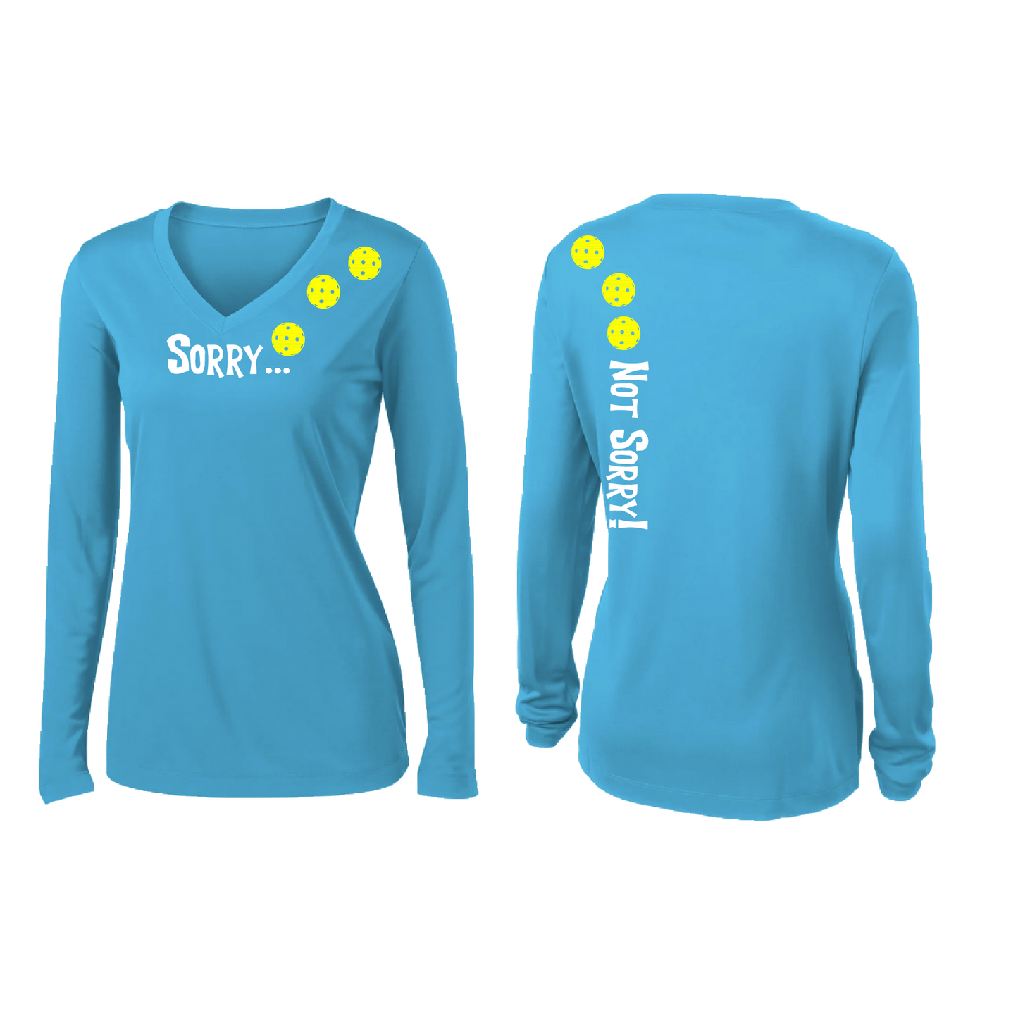 Sorry Not Sorry (Pickleballs Red White Yellow) | Women’s Long Sleeve V-Neck Pickleball Shirt | 100% Polyester