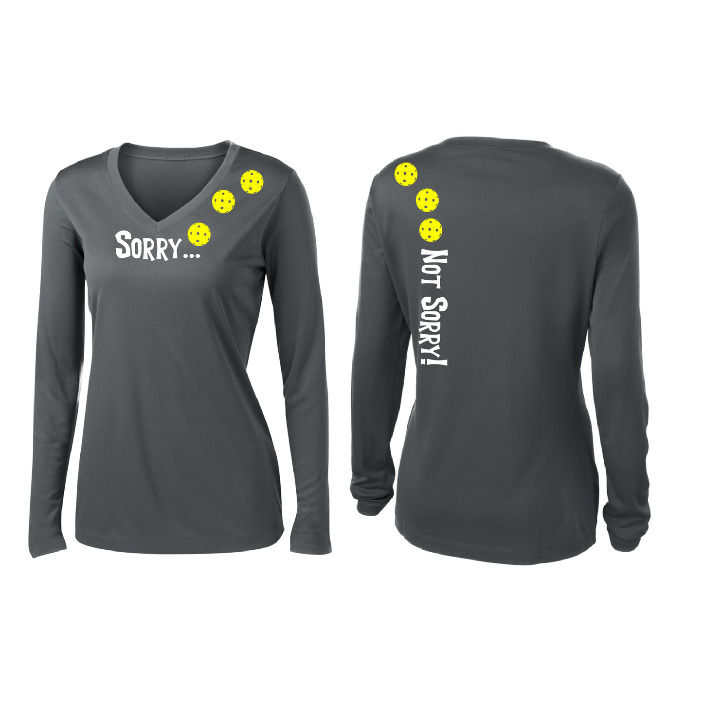 Sorry Not Sorry (Pickleballs Red White Yellow) | Women’s Long Sleeve V-Neck Pickleball Shirt | 100% Polyester