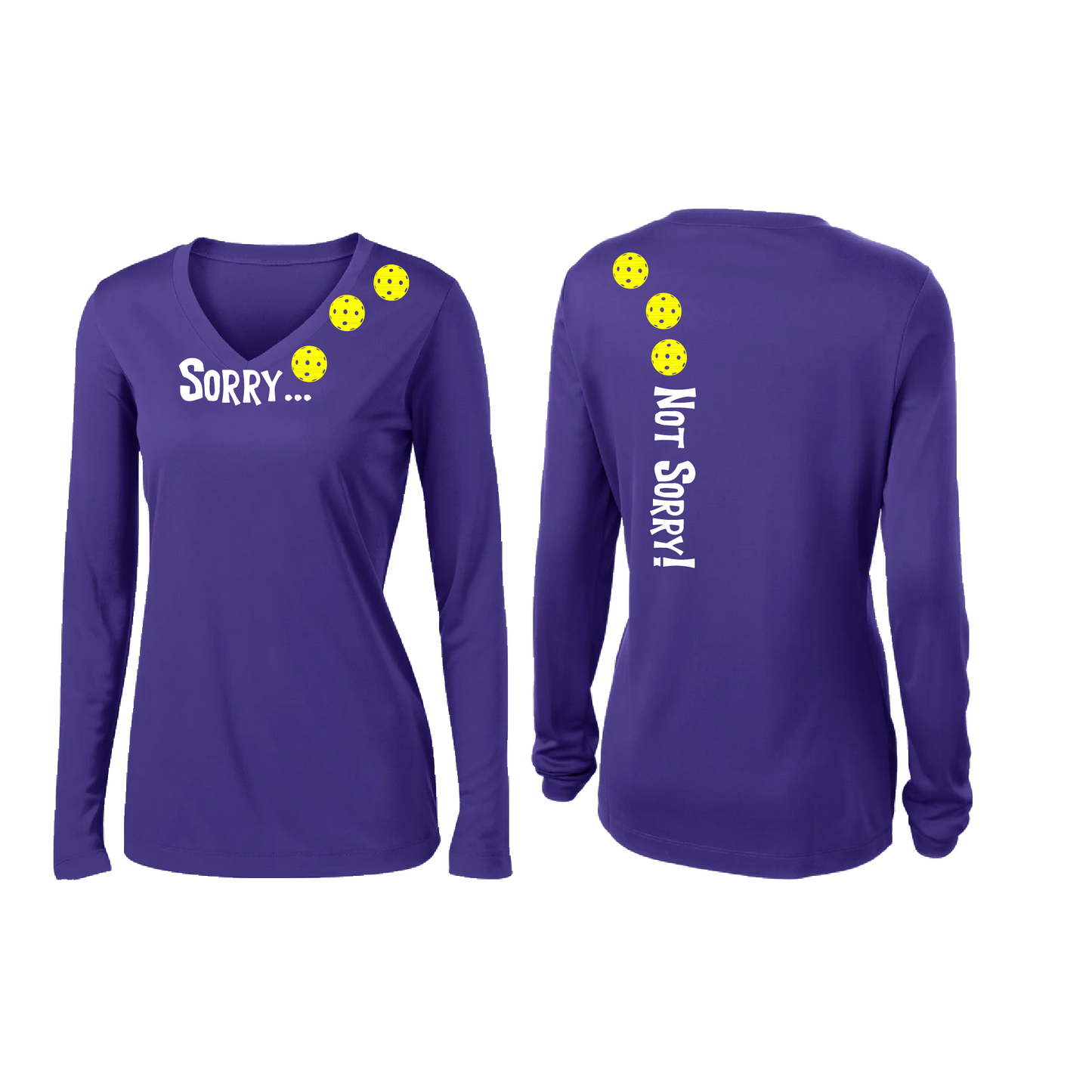 Sorry Not Sorry (Pickleballs Red White Yellow) | Women’s Long Sleeve V-Neck Pickleball Shirt | 100% Polyester