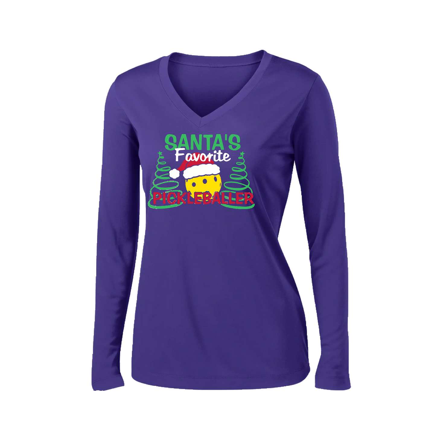 Santa's Favorite Pickleballer | Women’s Long Sleeve V-Neck Shirt | 100% Polyester